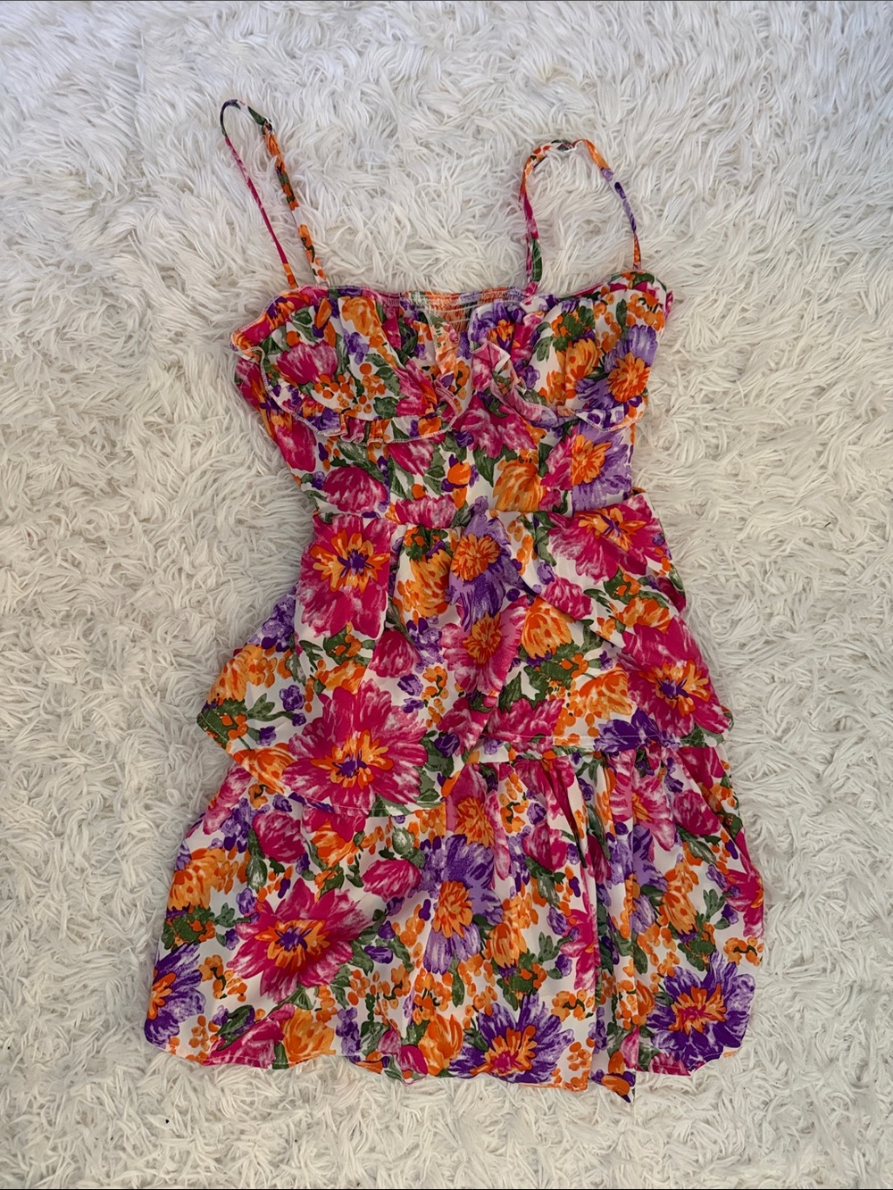 Floral Spaghetti Strap Short Sundress in Pink, Orange & Purple